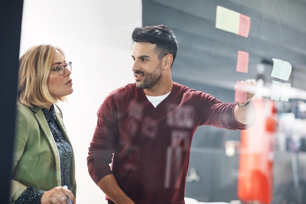 business people creative sticky note wall office planning strategy meeting man woman startup with idea marker job glass entrepreneurs with research brainstorming 590464 398840